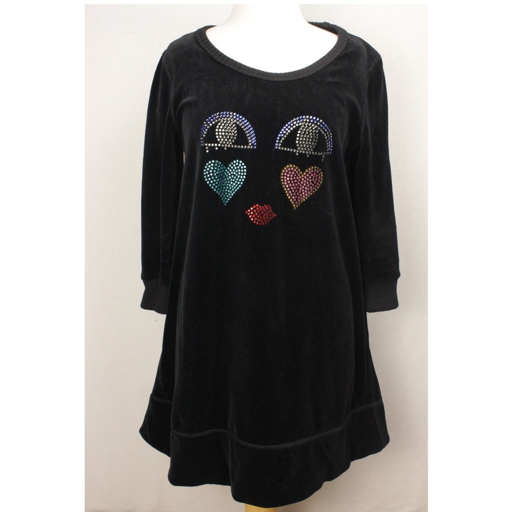 Sonia by Sonia Rykiel Black Velour Rhinestone Face Tunic Dress M 3/4 Sleeve